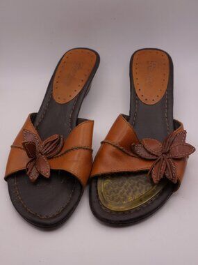 Passofino Brazil Leather Floral Wedge Sandals Brown Size 5